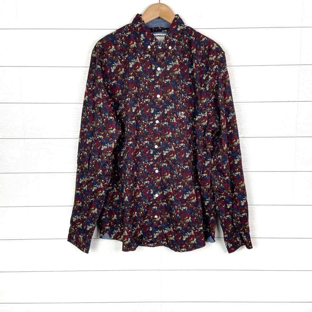 NWT EXPRESS XL Tall Slim Soft Wash Floral Button Down Shirt Navy Blue Mens New